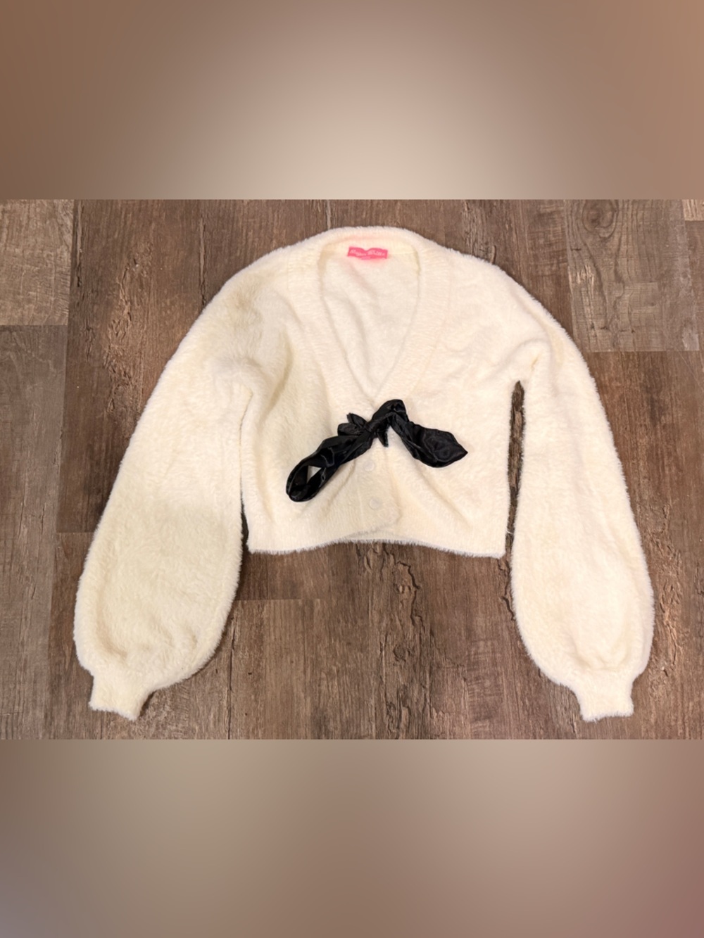 FINAL PRICE Sugar Thrillz Cream Fuzzy Cropped Cardigan with Black Bow